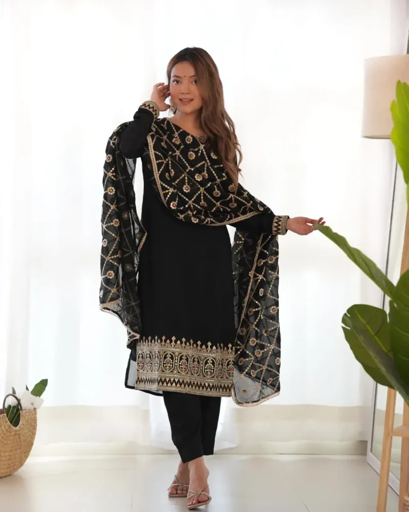 Black Vichitra Silk Straight Fit Kurta Salwar Suit