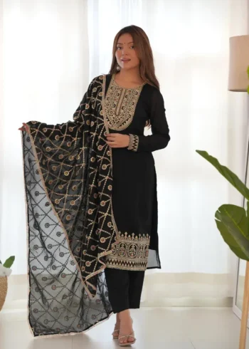 Black Vichitra Silk Straight Fit Kurta Salwar Suit