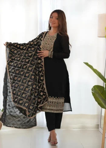 Black Vichitra Silk Straight Fit Kurta Salwar Suit