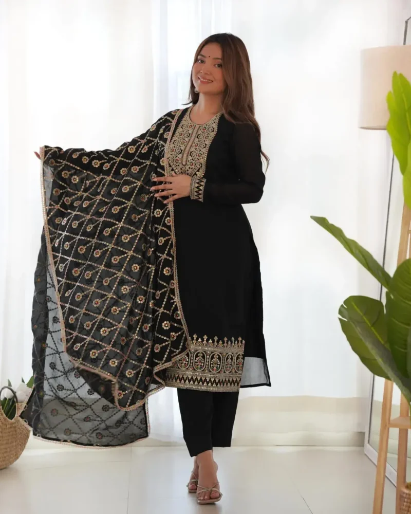 Black Vichitra Silk Straight Fit Kurta Salwar Suit