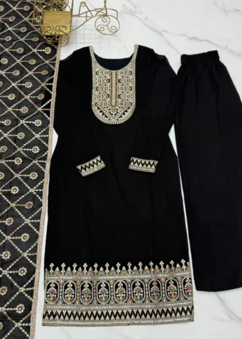 Black Vichitra Silk Straight Fit Kurta Salwar Suit