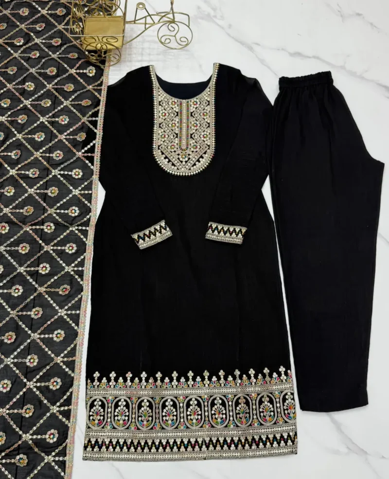 Black Vichitra Silk Straight Fit Kurta Salwar Suit