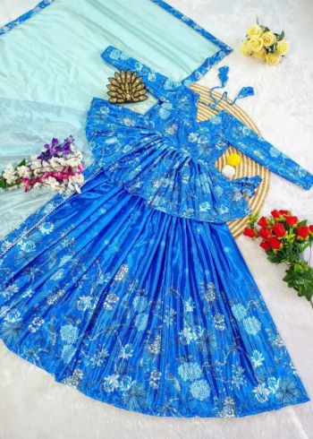 Blue Digital Printed Chinon Hand Work Frill Design Lehenga Choli