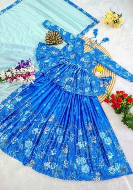 Blue Digital Printed Chinon Hand Work Frill Design Lehenga Choli