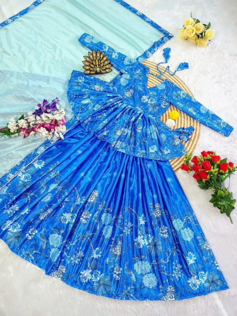 Blue Digital Printed Chinon Hand Work Frill Design Lehenga Choli