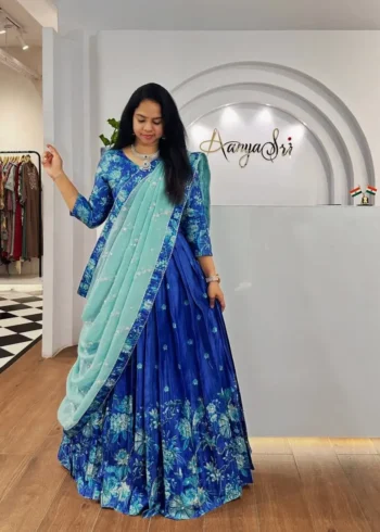 Blue Digital Printed Chinon Hand Work Frill Design Lehenga Choli