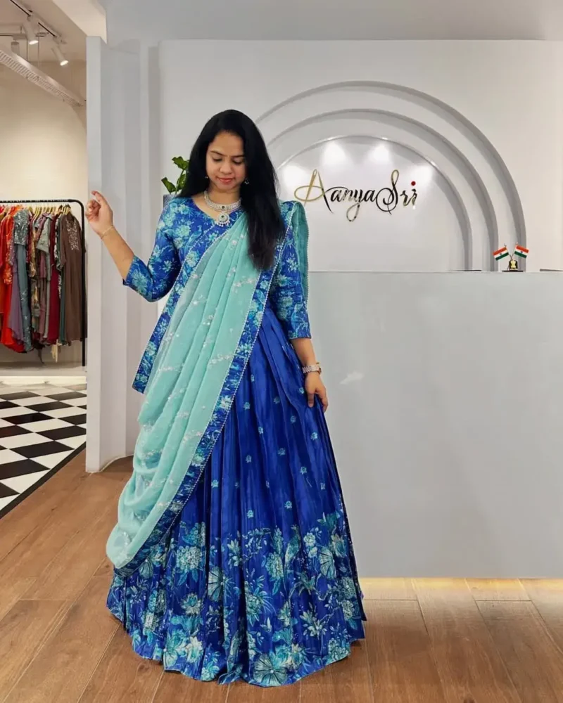 Blue Digital Printed Chinon Hand Work Frill Design Lehenga Choli