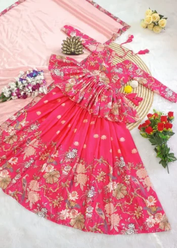 Blue Digital Printed Chinon Hand Work Frill Design Lehenga Choli