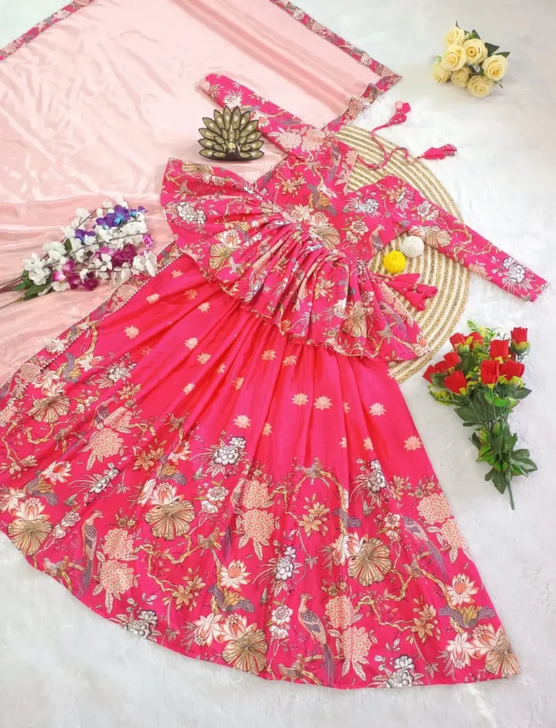 Blue Digital Printed Chinon Hand Work Frill Design Lehenga Choli