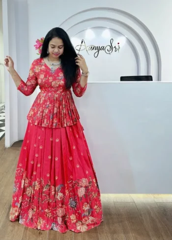Blue Digital Printed Chinon Hand Work Frill Design Lehenga Choli