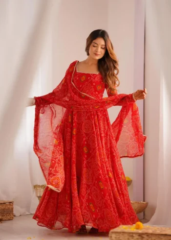 Chiffon Bandhej Designer Partywear Anarkali Gown
