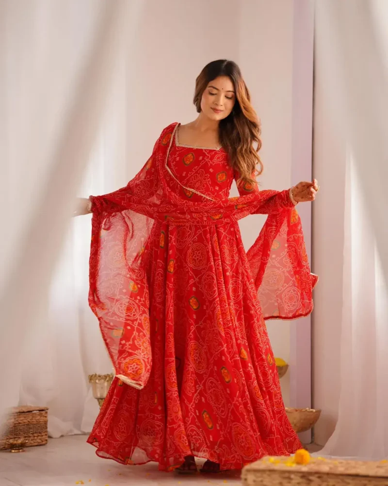 Chiffon Bandhej Designer Partywear Anarkali Gown