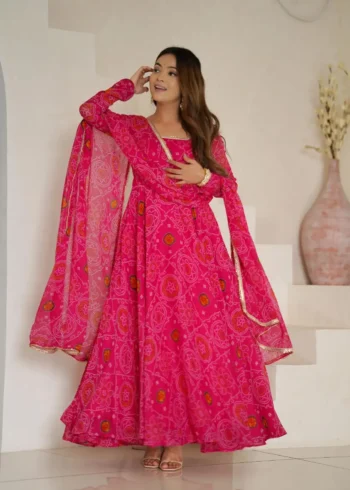 Chiffon Bandhej Designer Partywear Anarkali Gown