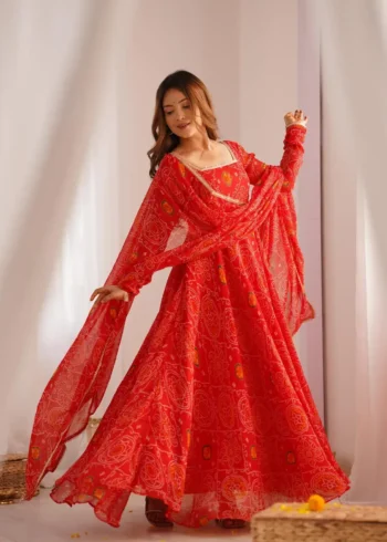 Chiffon Bandhej Designer Partywear Anarkali Gown