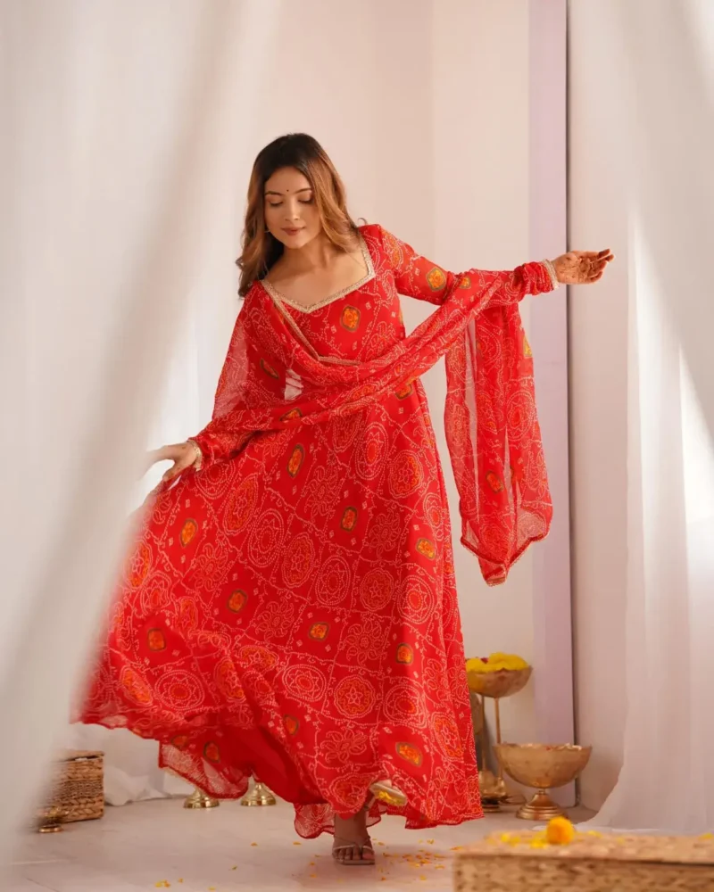 Chiffon Bandhej Designer Partywear Anarkali Gown