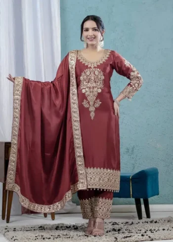 Chinnon Silk Heavy Embroidery Coding Sequence Work Pakistani Salwar Suit