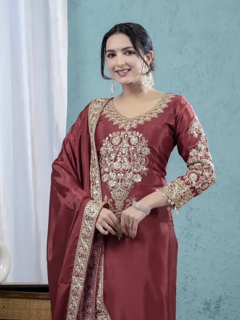 Chinnon Silk Heavy Embroidery Coding Sequence Work Pakistani Salwar Suit