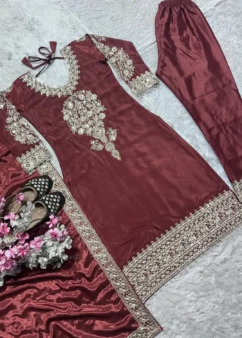 Chinnon Silk Heavy Embroidery Coding Sequence Work Pakistani Salwar Suit