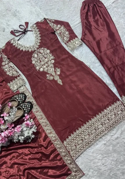 Chinnon Silk Heavy Embroidery Coding Sequence Work Pakistani Salwar Suit