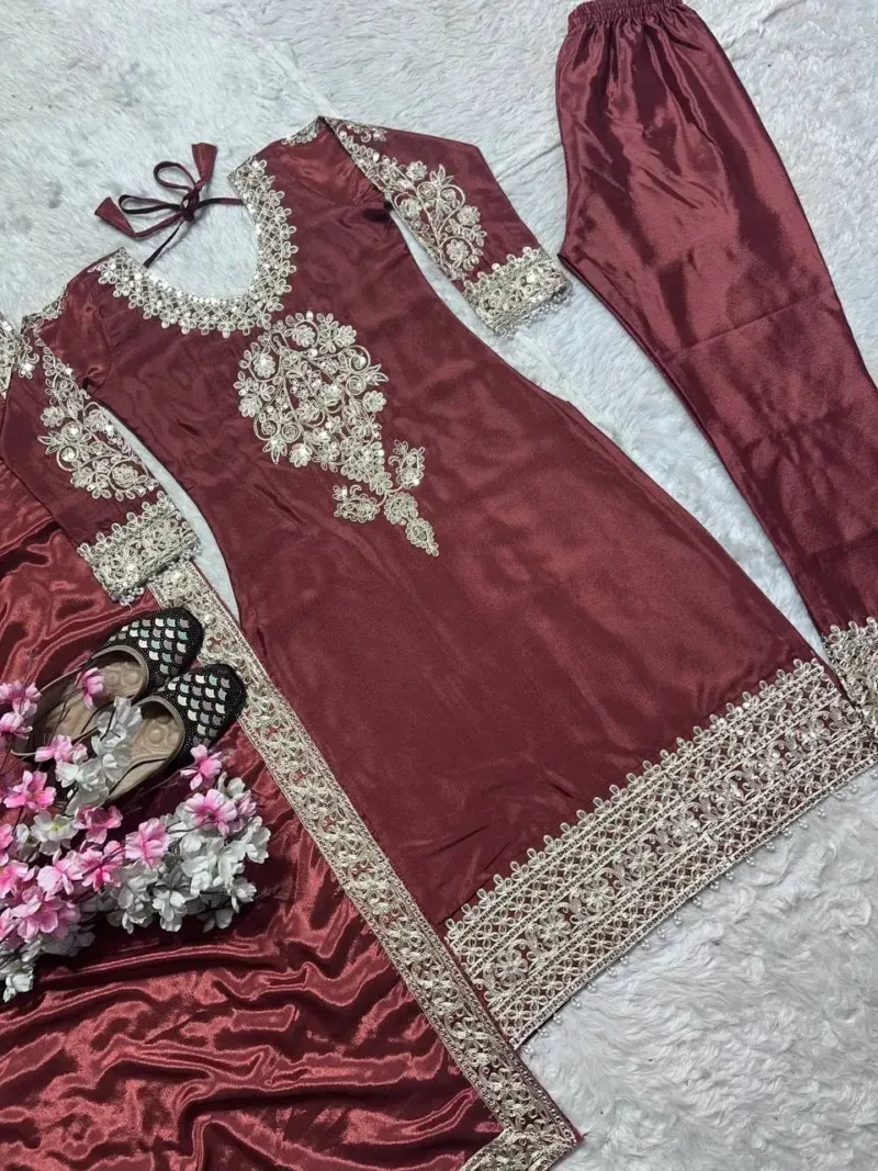 Chinnon Silk Heavy Embroidery Coding Sequence Work Pakistani Salwar Suit