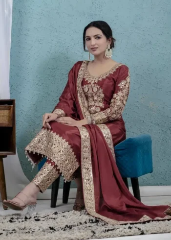 Chinnon Silk Heavy Embroidery Coding Sequence Work Pakistani Salwar Suit