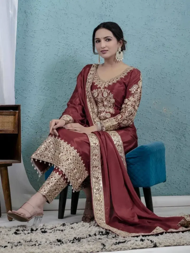 Chinnon Silk Heavy Embroidery Coding Sequence Work Pakistani Salwar Suit