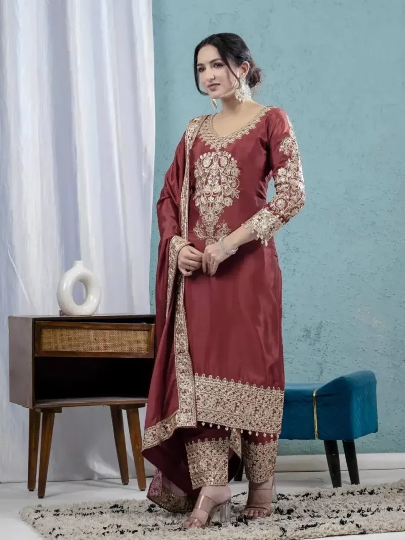 Chinnon Silk Heavy Embroidery Coding Sequence Work Pakistani Salwar Suit