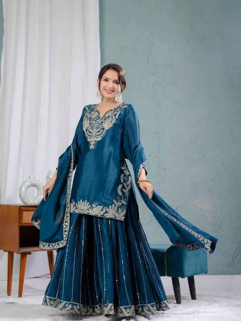 Chinnon Silk Heavy Embroidery Coding Sequence Work Party Wear Sharara Dress