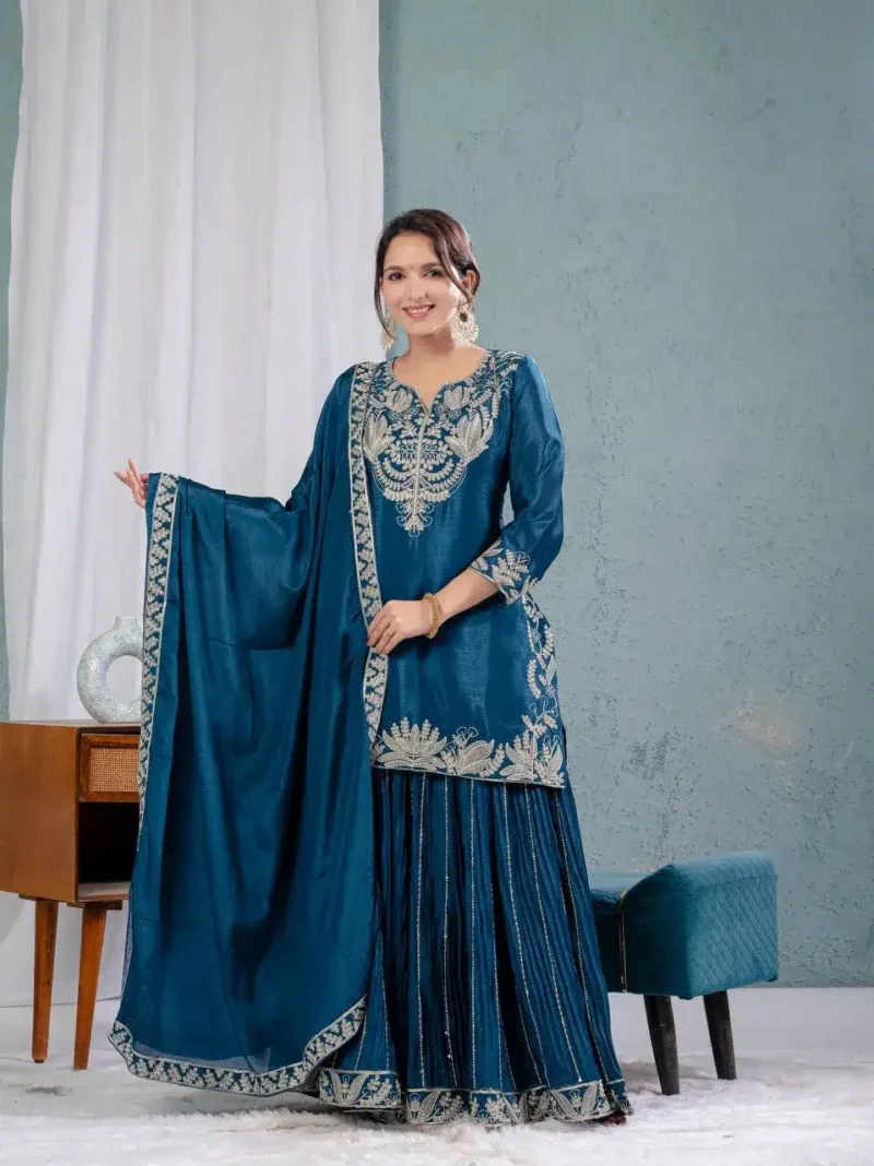 Chinnon Silk Heavy Embroidery Coding Sequence Work Party Wear Sharara Dress