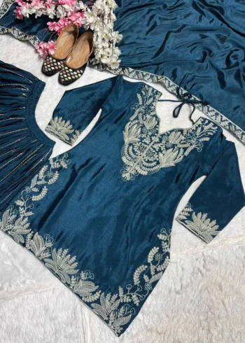 Chinnon Silk Heavy Embroidery Coding Sequence Work Party Wear Sharara Dress