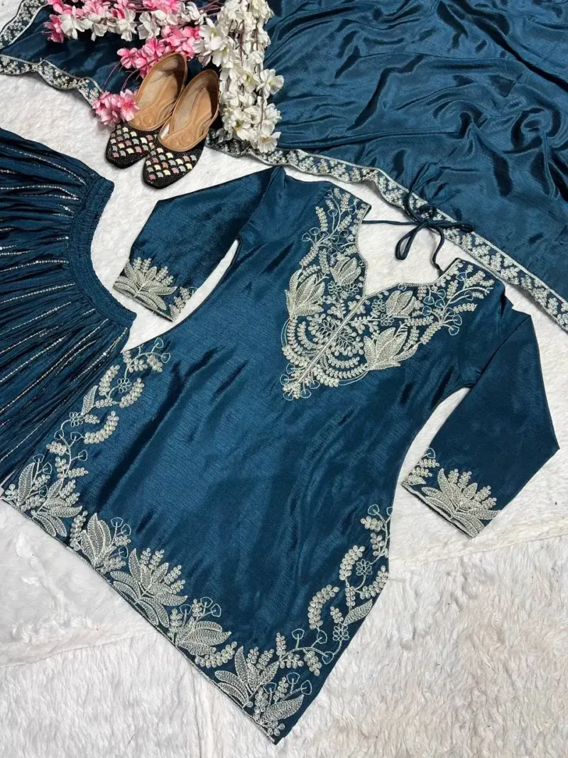 Chinnon Silk Heavy Embroidery Coding Sequence Work Party Wear Sharara Dress