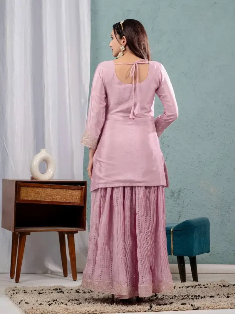 Chinnon Silk Heavy Embroidery Coding Sequence Work Party Wear Sharara Dress