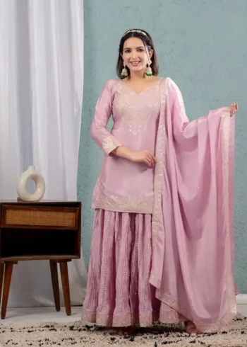 Chinnon Silk Heavy Embroidery Coding Sequence Work Party Wear Sharara Dress