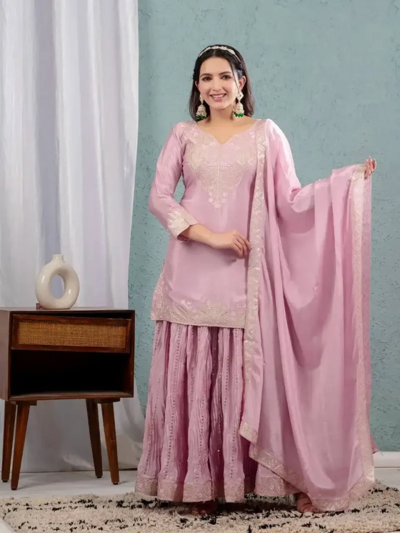 Chinnon Silk Heavy Embroidery Coding Sequence Work Party Wear Sharara Dress