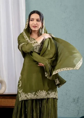Chinnon Silk Heavy Embroidery Coding Sequence Work Party Wear Sharara Dress