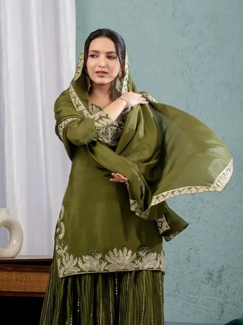 Chinnon Silk Heavy Embroidery Coding Sequence Work Party Wear Sharara Dress