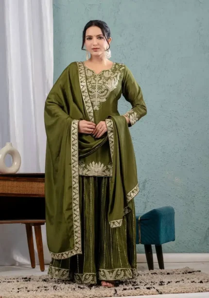 Chinnon Silk Heavy Embroidery Coding Sequence Work Party Wear Sharara Dress