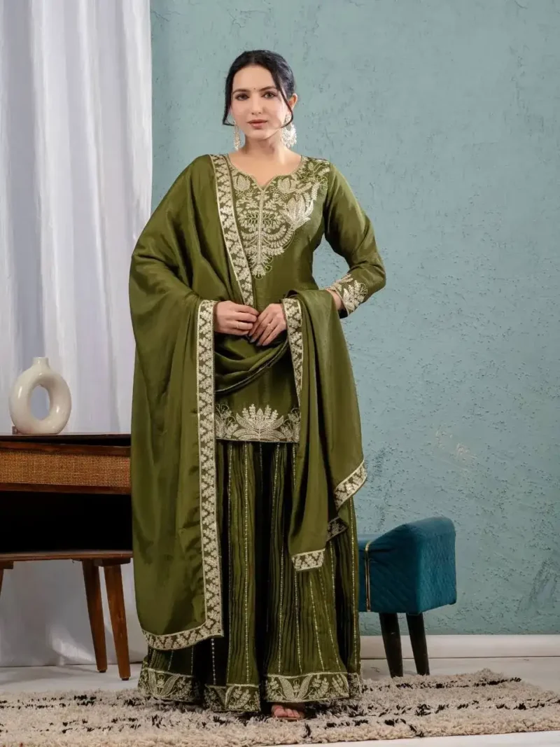 Chinnon Silk Heavy Embroidery Coding Sequence Work Party Wear Sharara Dress