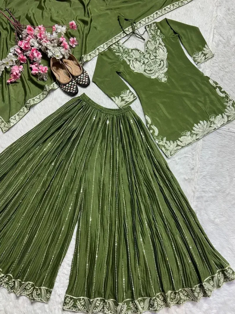 Chinnon Silk Heavy Embroidery Coding Sequence Work Party Wear Sharara Dress