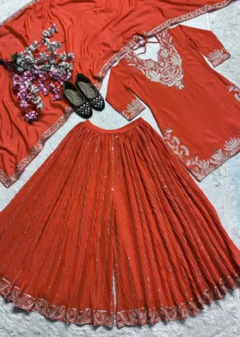 Chinnon Silk Heavy Embroidery Coding Sequence Work Party Wear Sharara Dress