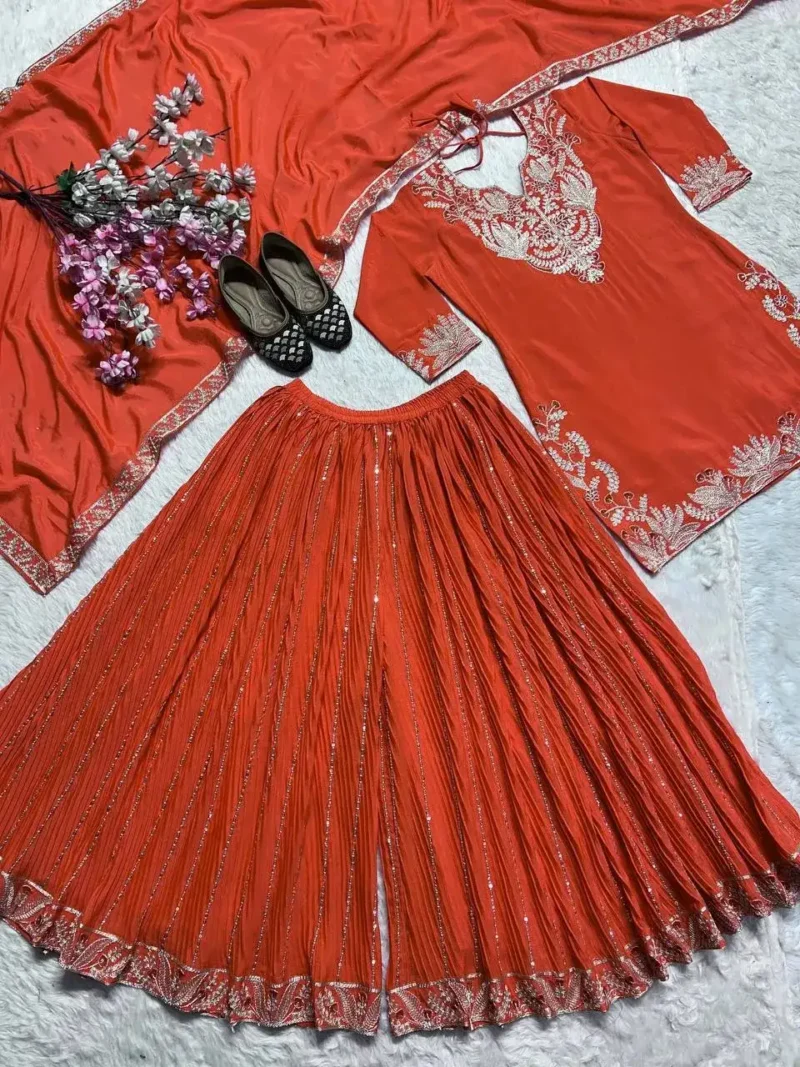 Chinnon Silk Heavy Embroidery Coding Sequence Work Party Wear Sharara Dress