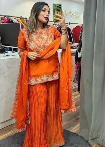 Chinnon Silk Heavy Embroidery Coding Sequence Work Party Wear Sharara Dress