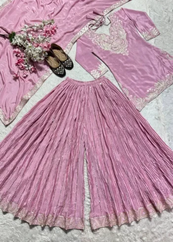 Chinnon Silk Heavy Embroidery Coding Sequence Work Party Wear Sharara Dress