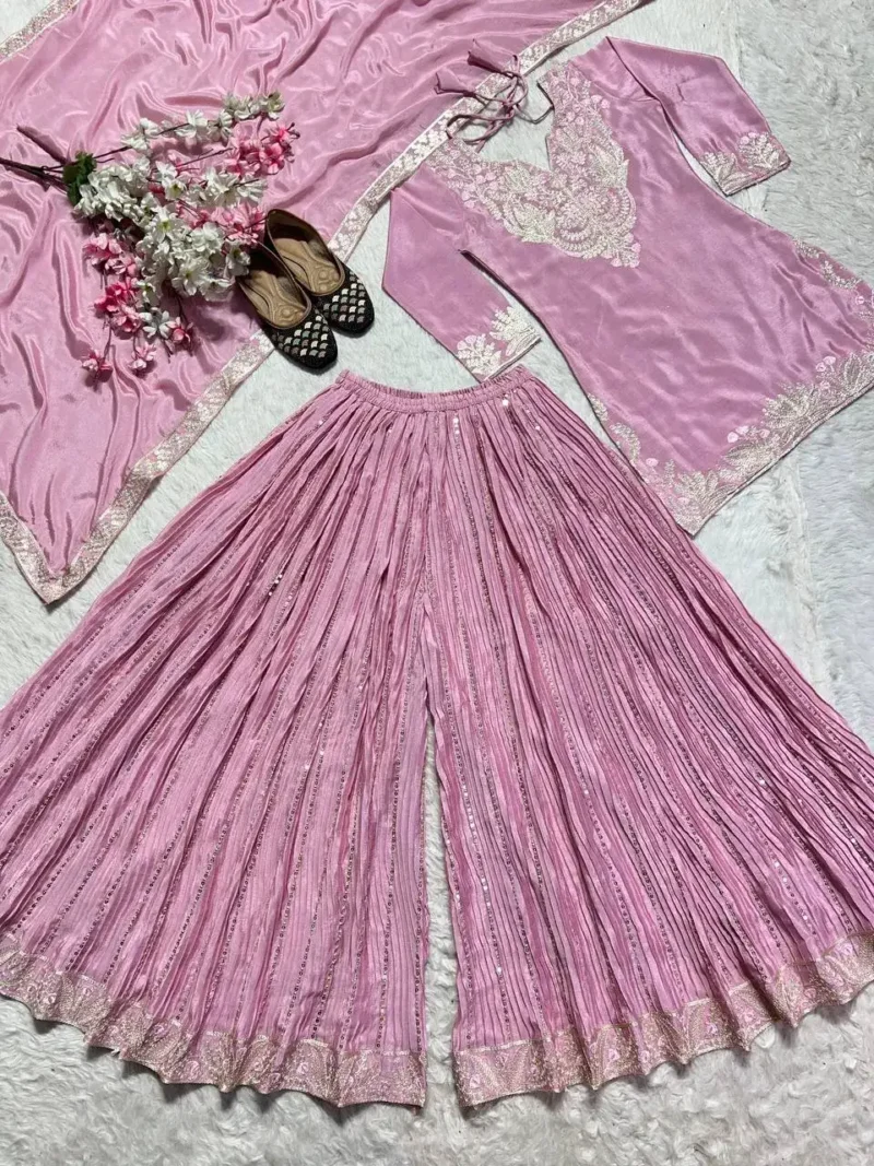 Chinnon Silk Heavy Embroidery Coding Sequence Work Party Wear Sharara Dress