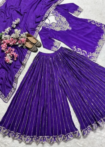 Chinnon Silk Heavy Embroidery Coding Sequence Work Party Wear Sharara Dress