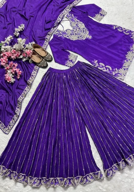 Chinnon Silk Heavy Embroidery Coding Sequence Work Party Wear Sharara Dress