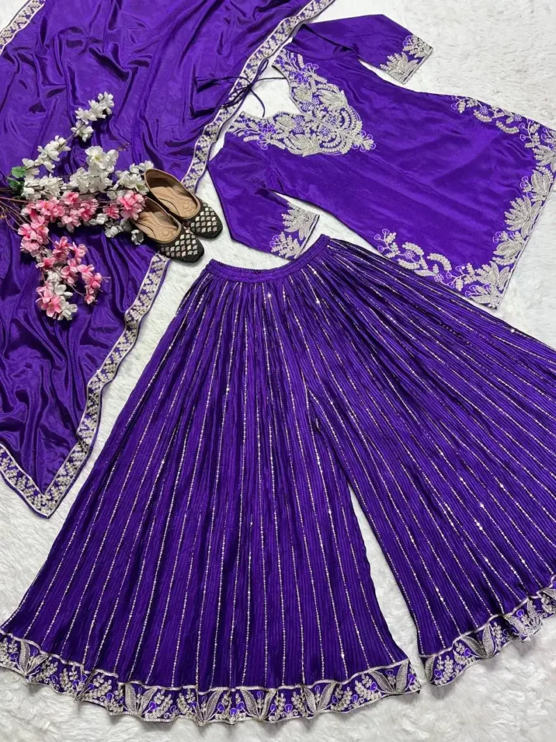 Chinnon Silk Heavy Embroidery Coding Sequence Work Party Wear Sharara Dress