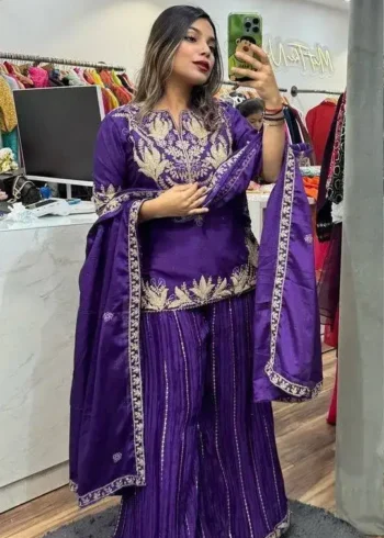 Chinnon Silk Heavy Embroidery Coding Sequence Work Party Wear Sharara Dress