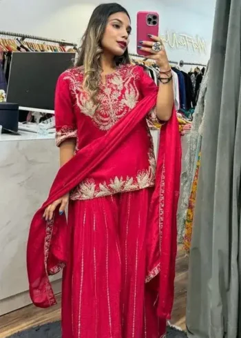 Chinnon Silk Heavy Embroidery Coding Sequence Work Party Wear Sharara Dress