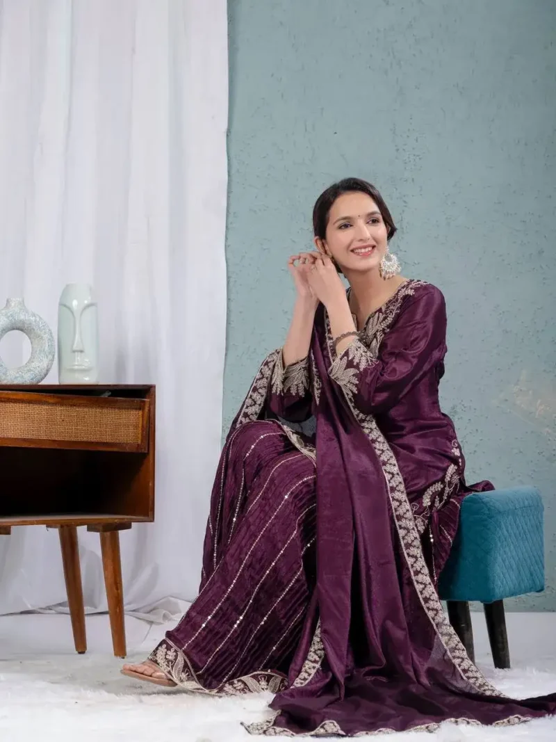 Chinnon Silk Heavy Embroidery Coding Sequence Work Party Wear Sharara Dress